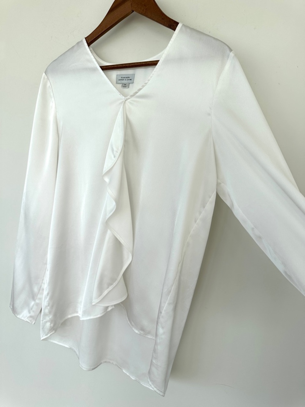 Tahari V-Neck Ruffle Detail Long Sleeve Blouse, White Satin - Picture 6 of 12